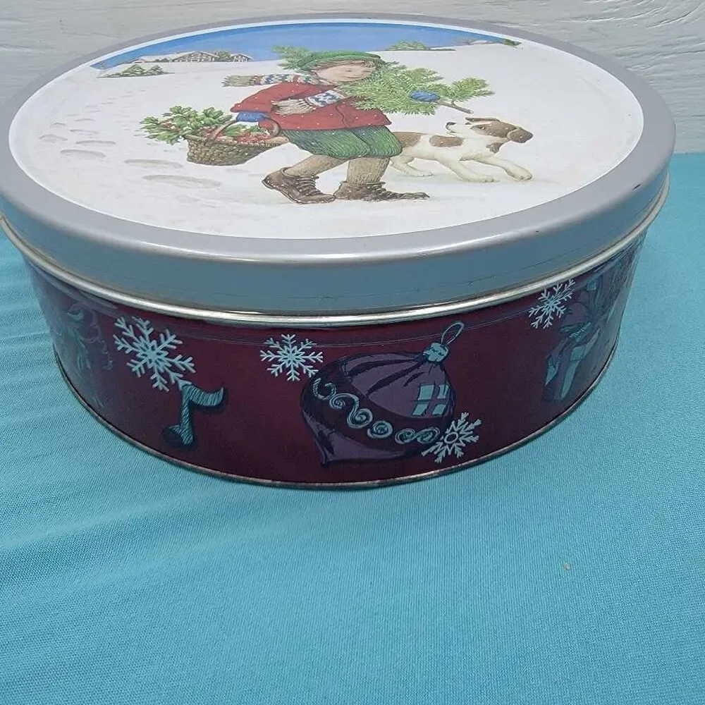 Kelsen Christmas Cookie Tin Vintage Boy Dog Tree Snow 7.5